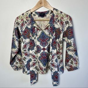 Oscar de la Renta Blue Paisley Print Tie neck Top EUC